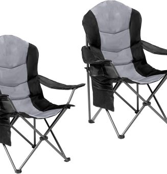 2 Pack Folding Camping Chairs for Adults - High Back Padded Outdoor Lawn Chairs with Lumbar Support & Cup Holder, 400lbs Heavy Duty Portable Camping Chairs Set (Black & Light Gray)