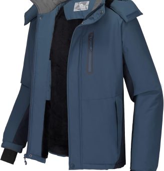 Men's Mountain Snow Waterproof Ski Jacket Detachable Hood Windproof Fleece Parka Rain Jacket Winter Coat